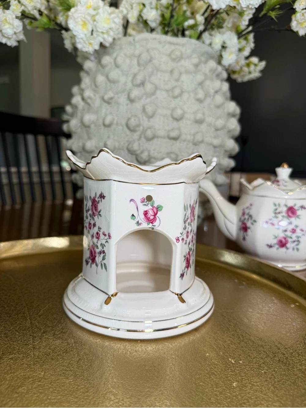 White Porcelain Pink Rose Teapot with Warmer - Classic Floral Design